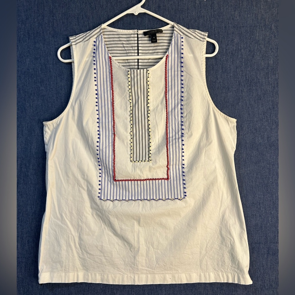 J. Crew White Sleeveless Embroidered Bib Tank with Blue and Red Accents